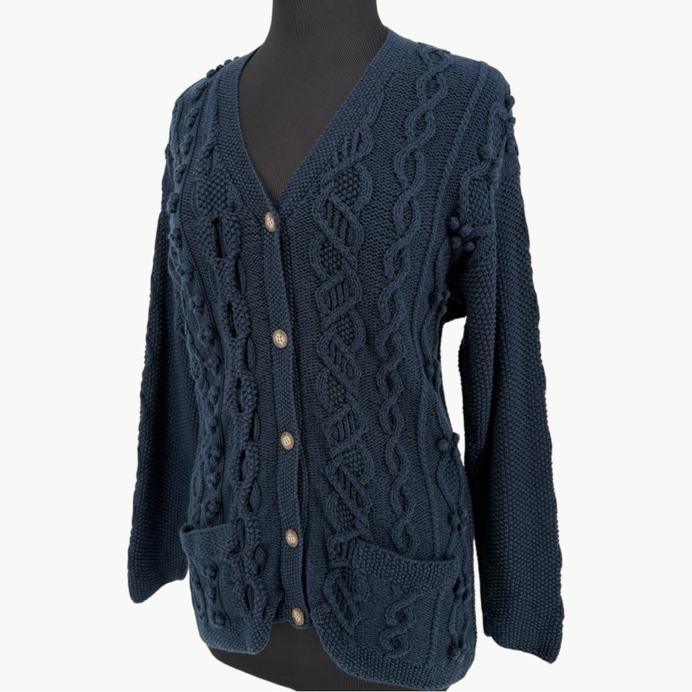 Vintage LL Bean Fisherman Cable Knit Cardigan Size Medium Navy Wool Blend 90s - Picture 2 of 13